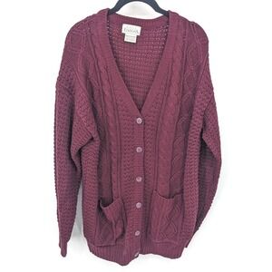 Y2K Fisherman Cardigan Womens Medium Burgundy‎ Cable Knit Button Chunky Sweater